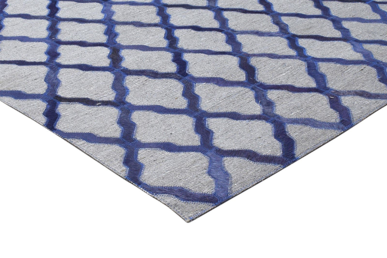 3X9 Rug Leather / Cotton Blue Modern Hand Woven Moroccan Trellis Room Size 