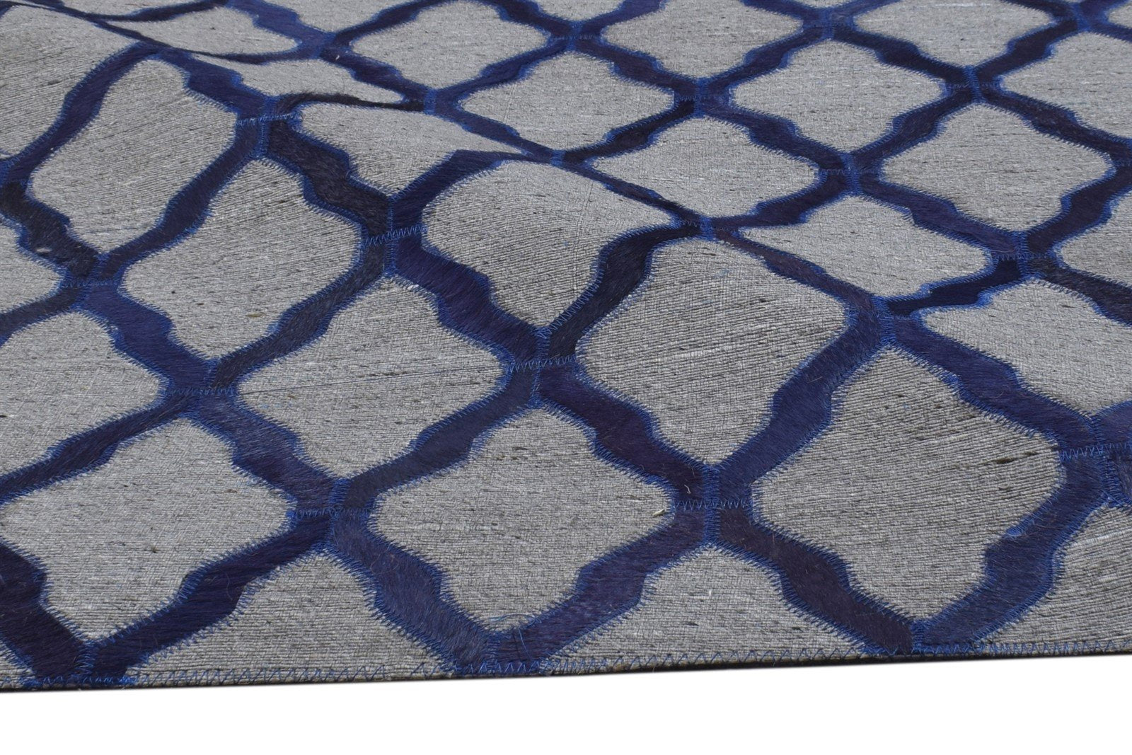 3X9 Rug Leather / Cotton Blue Modern Hand Woven Moroccan Trellis Room Size 