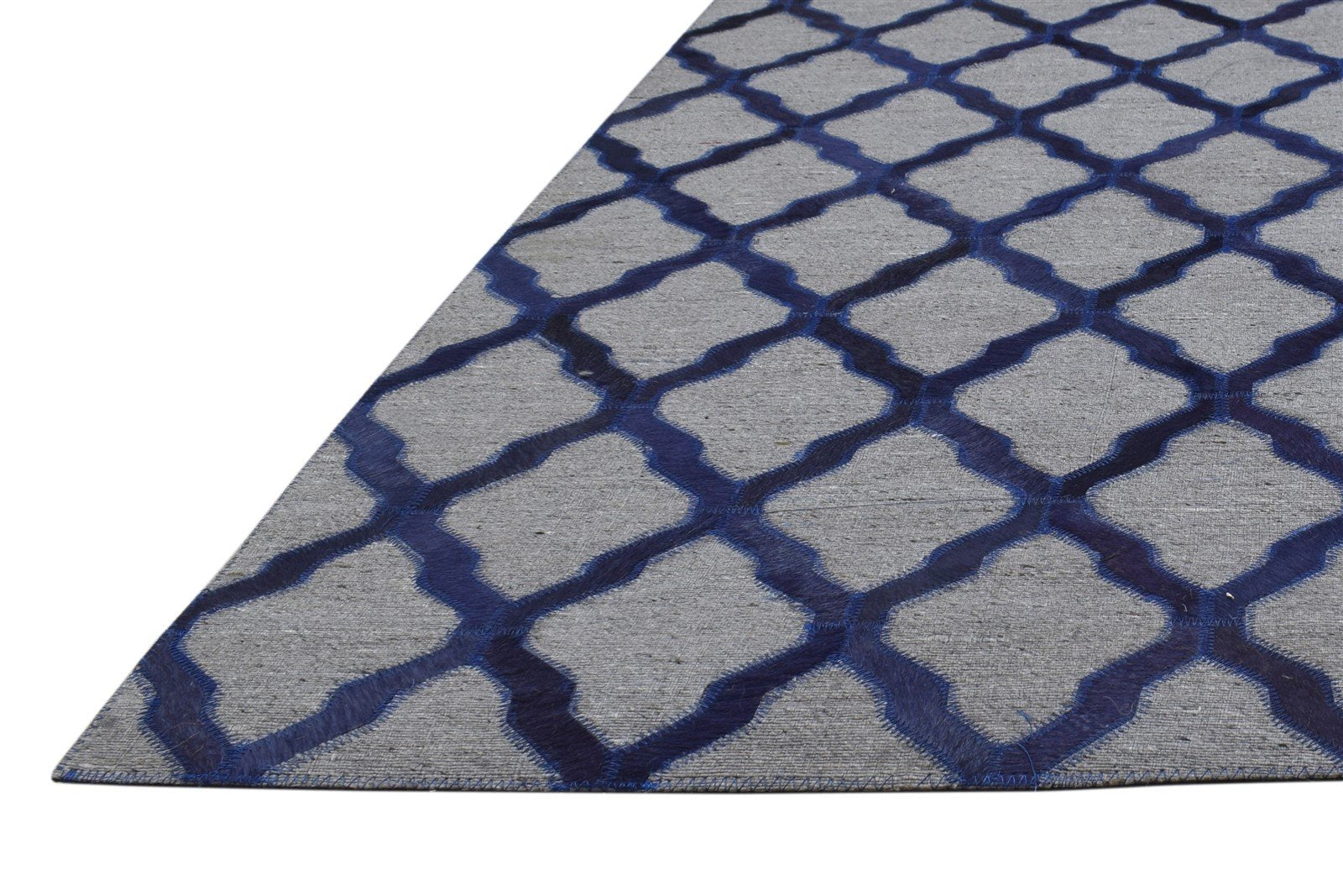 3X9 Rug Leather / Cotton Blue Modern Hand Woven Moroccan Trellis Room Size 