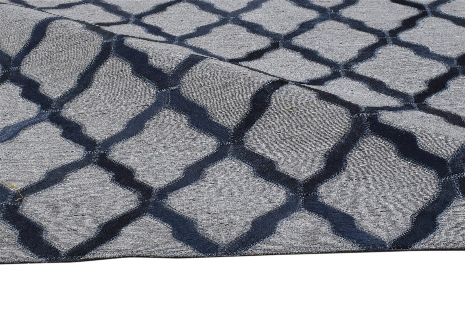 Blue Leather / Cotton Rug 3X9 Modern Hand Woven Moroccan Trellis Room Size 