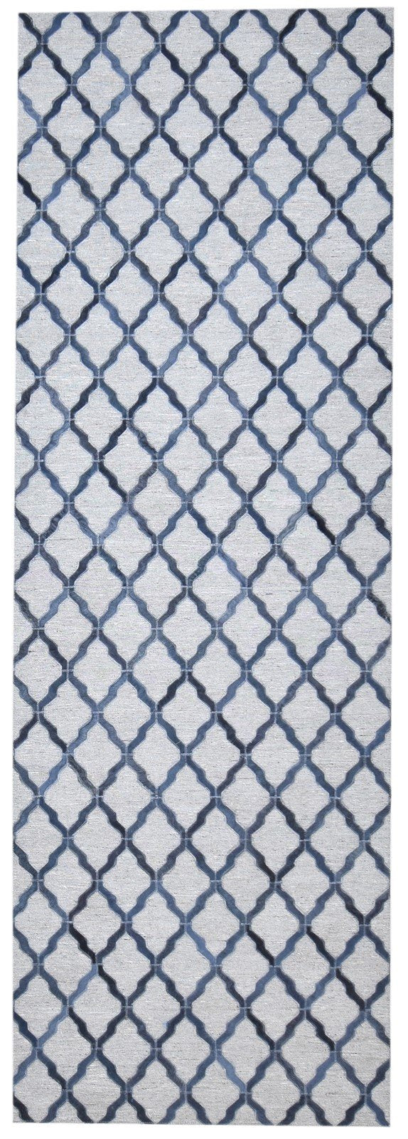 Blue Leather / Cotton Rug 3X9 Modern Hand Woven Moroccan Trellis Room Size 