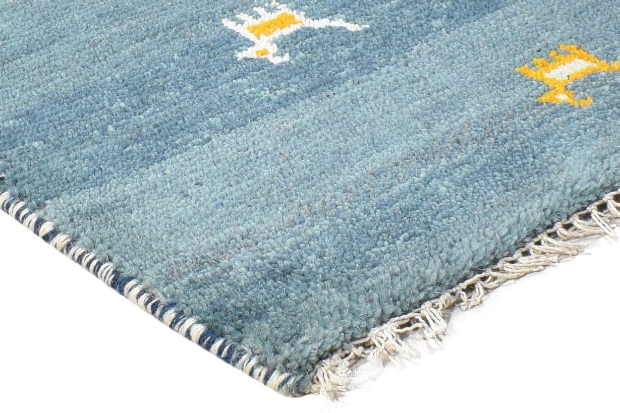 Blue Wool Rug 1' X 2' Tribal Hand Knotted Gabbeh Southwestern Small Carpet 