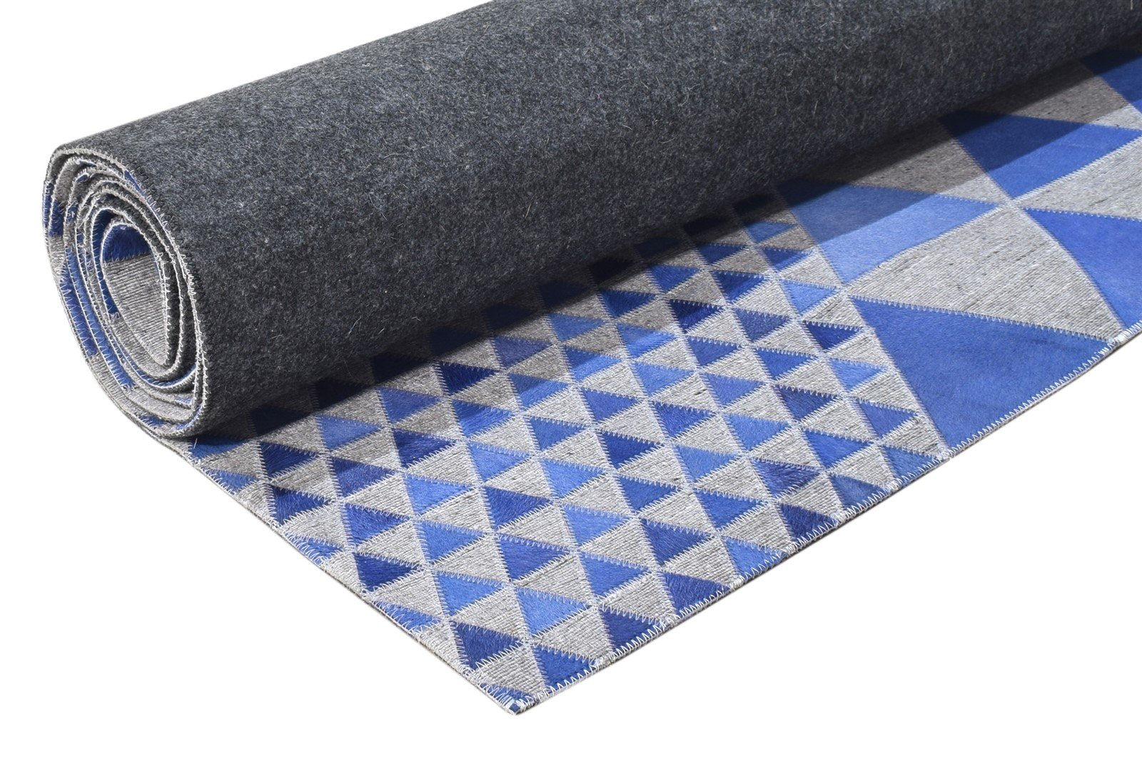 Leather / Cotton Blue Rug 3X9 Modern Hand Woven Scandinavian Triangles Room Size 