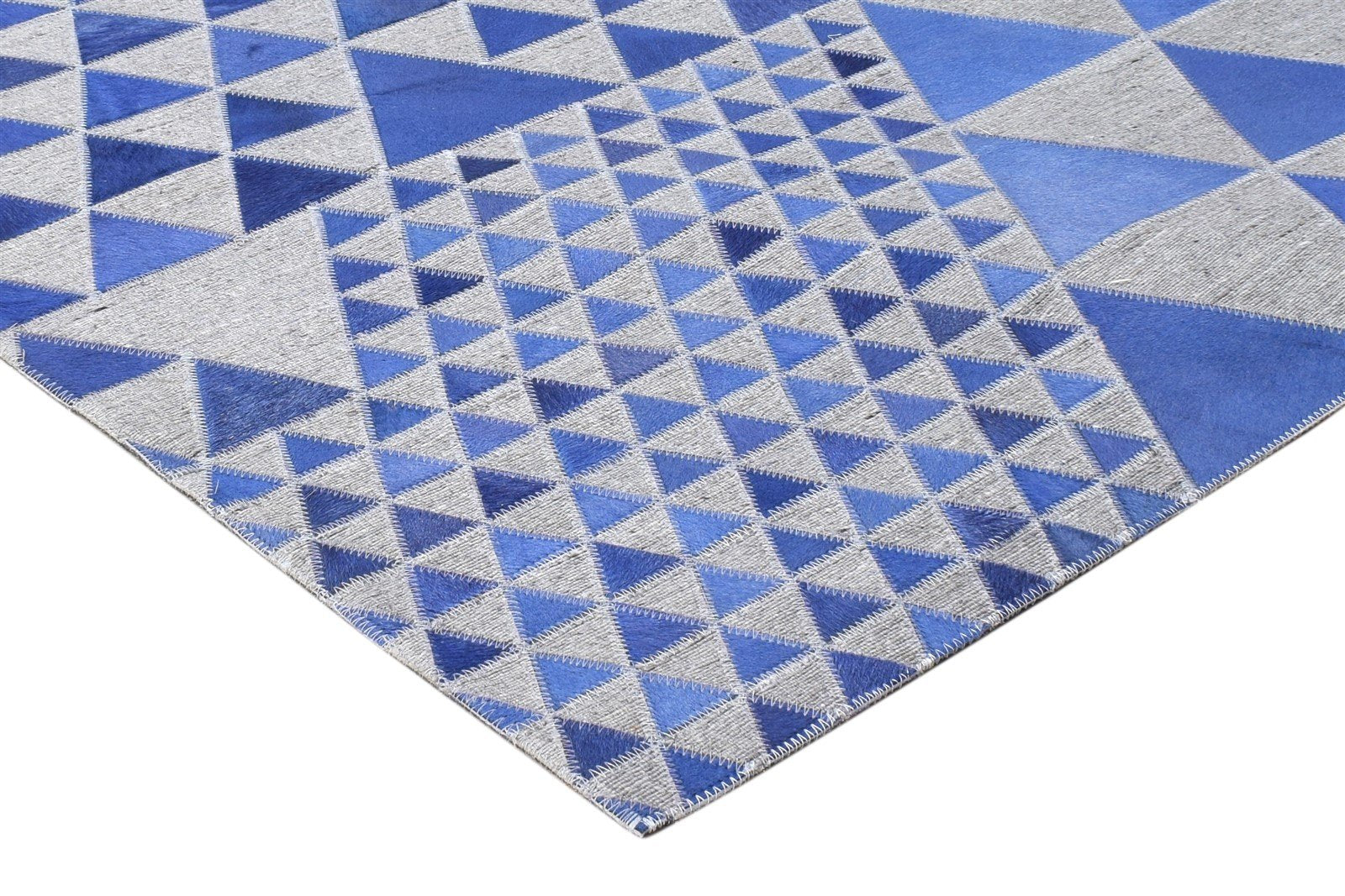 Leather / Cotton Blue Rug 3X9 Modern Hand Woven Scandinavian Triangles Room Size 