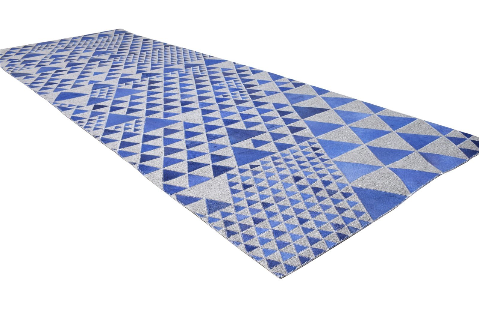 Leather / Cotton Blue Rug 3X9 Modern Hand Woven Scandinavian Triangles Room Size 