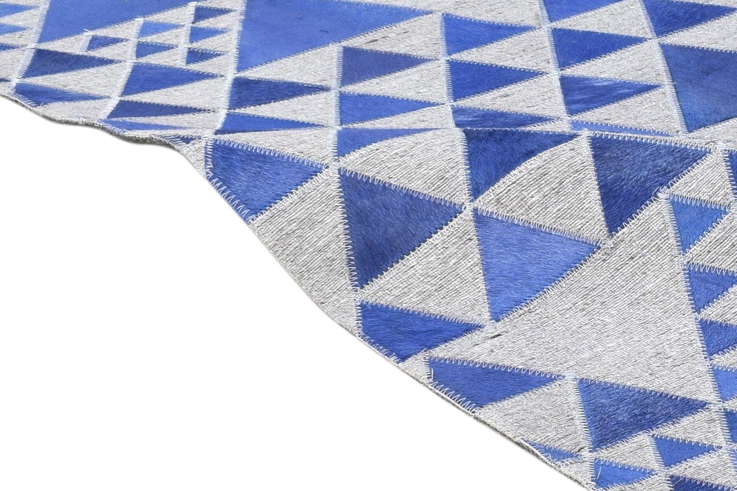 Leather / Cotton Blue Rug 3X9 Modern Hand Woven Scandinavian Triangles Room Size 