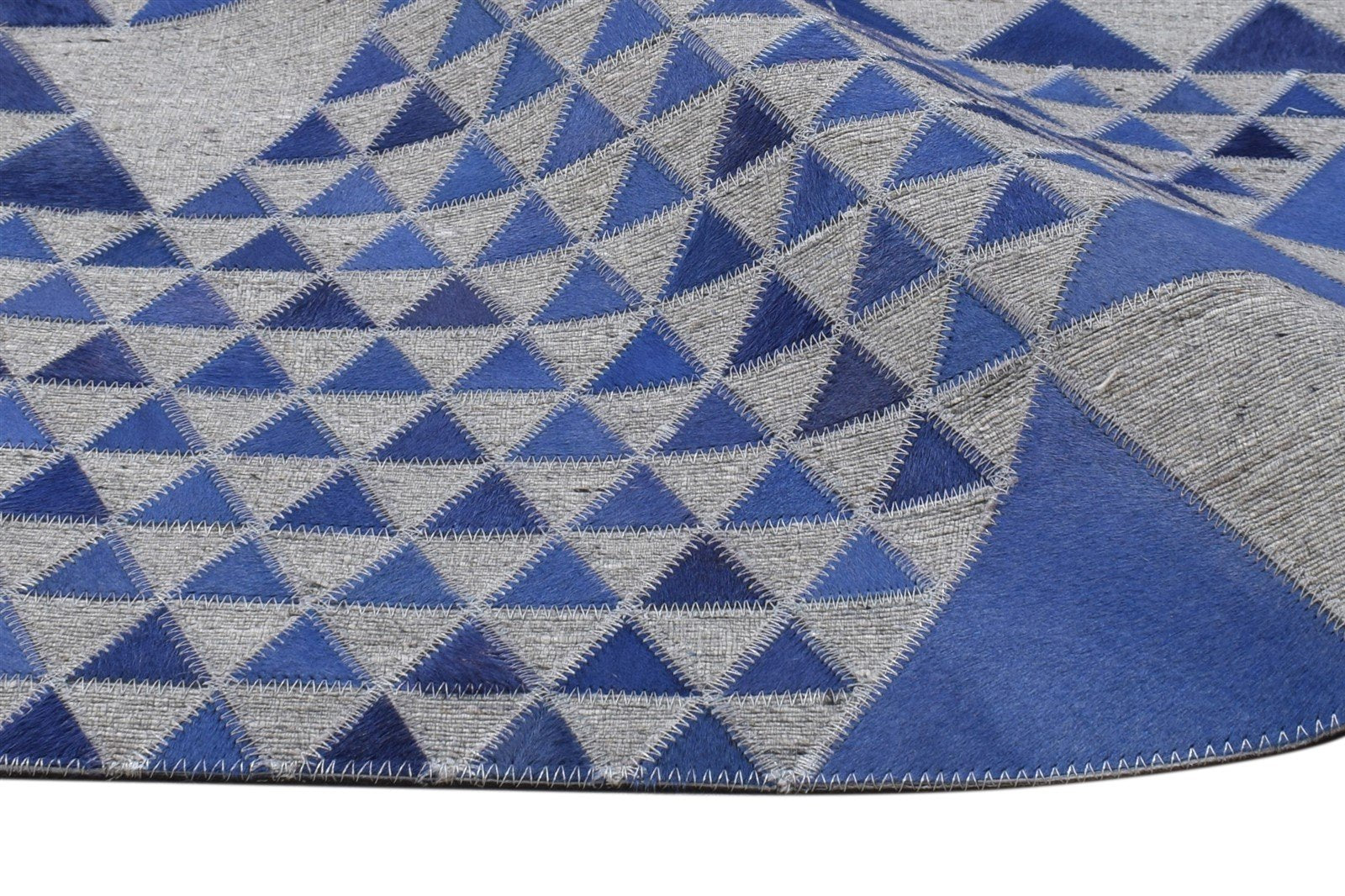 Leather / Cotton Blue Rug 3X9 Modern Hand Woven Scandinavian Triangles Room Size 