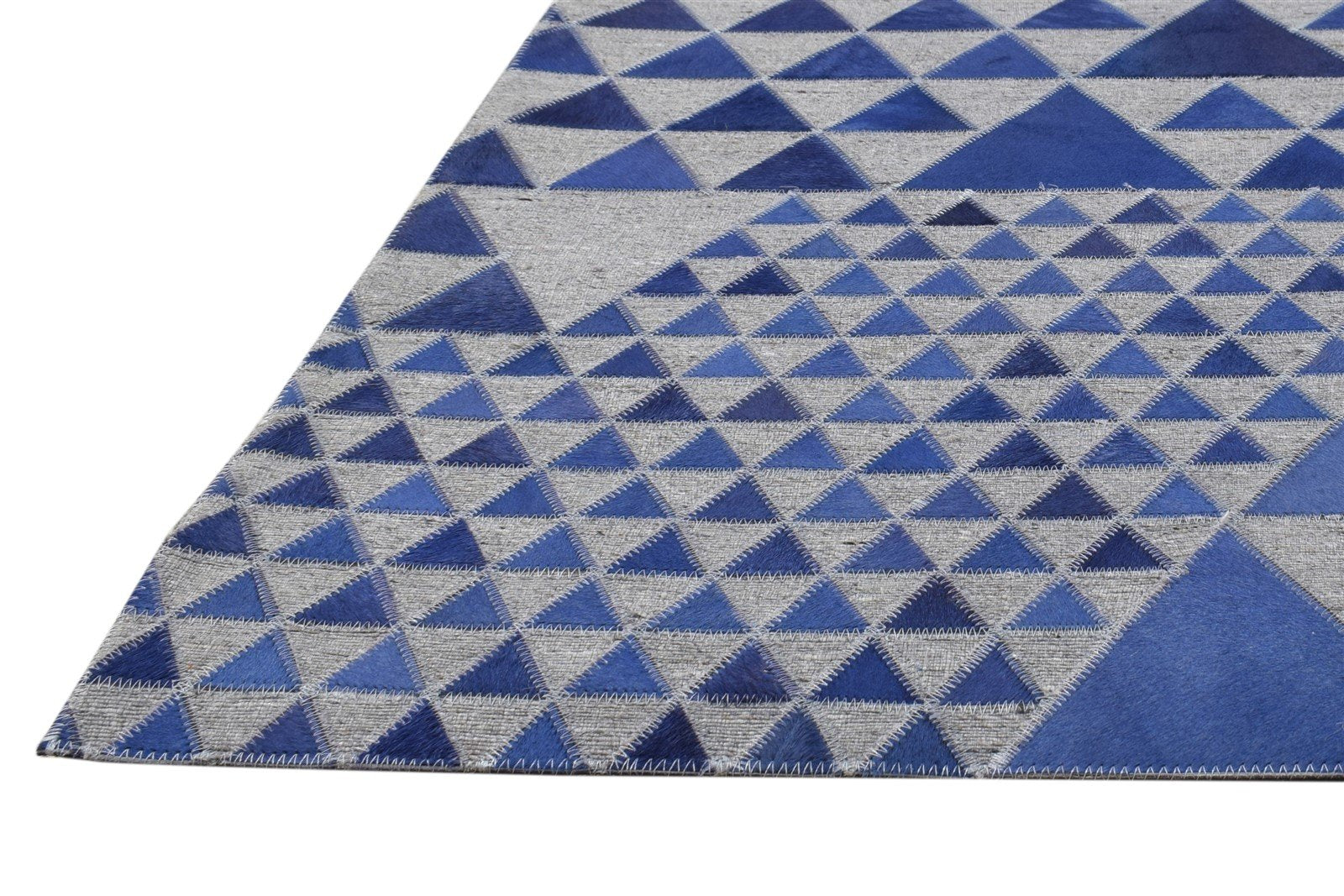 Leather / Cotton Blue Rug 3X9 Modern Hand Woven Scandinavian Triangles Room Size 