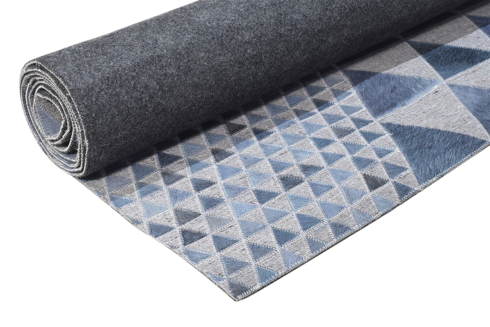 Leather / Cotton Blue Rug 3X9 Modern Hand Woven Scandinavian Triangles Room Size 