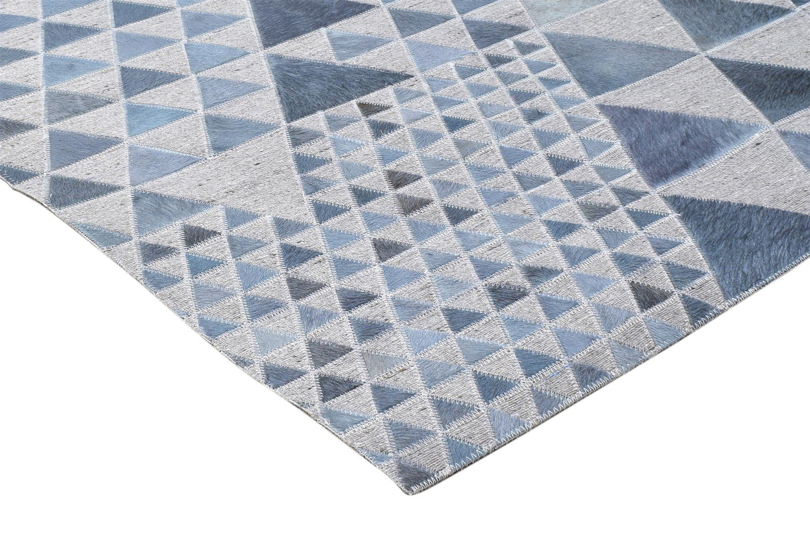 Leather / Cotton Blue Rug 3X9 Modern Hand Woven Scandinavian Triangles Room Size 