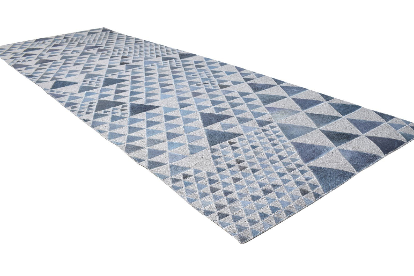 Leather / Cotton Blue Rug 3X9 Modern Hand Woven Scandinavian Triangles Room Size 