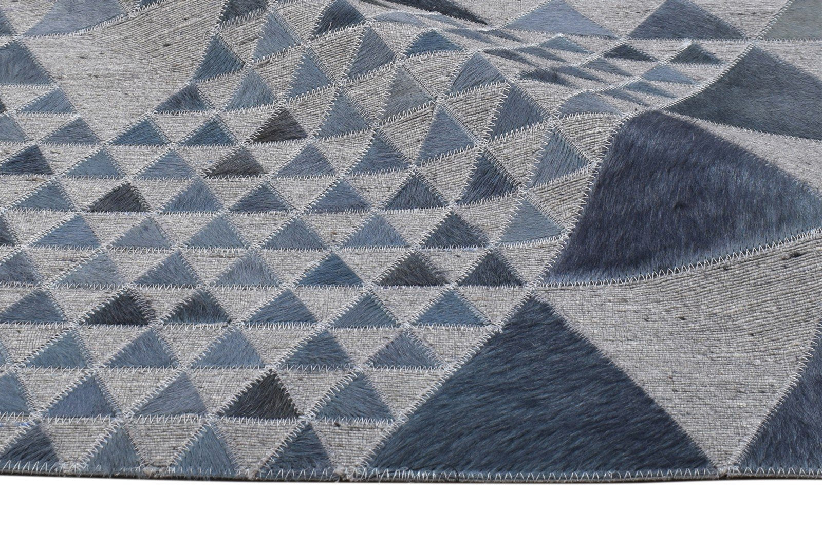 Leather / Cotton Blue Rug 3X9 Modern Hand Woven Scandinavian Triangles Room Size 