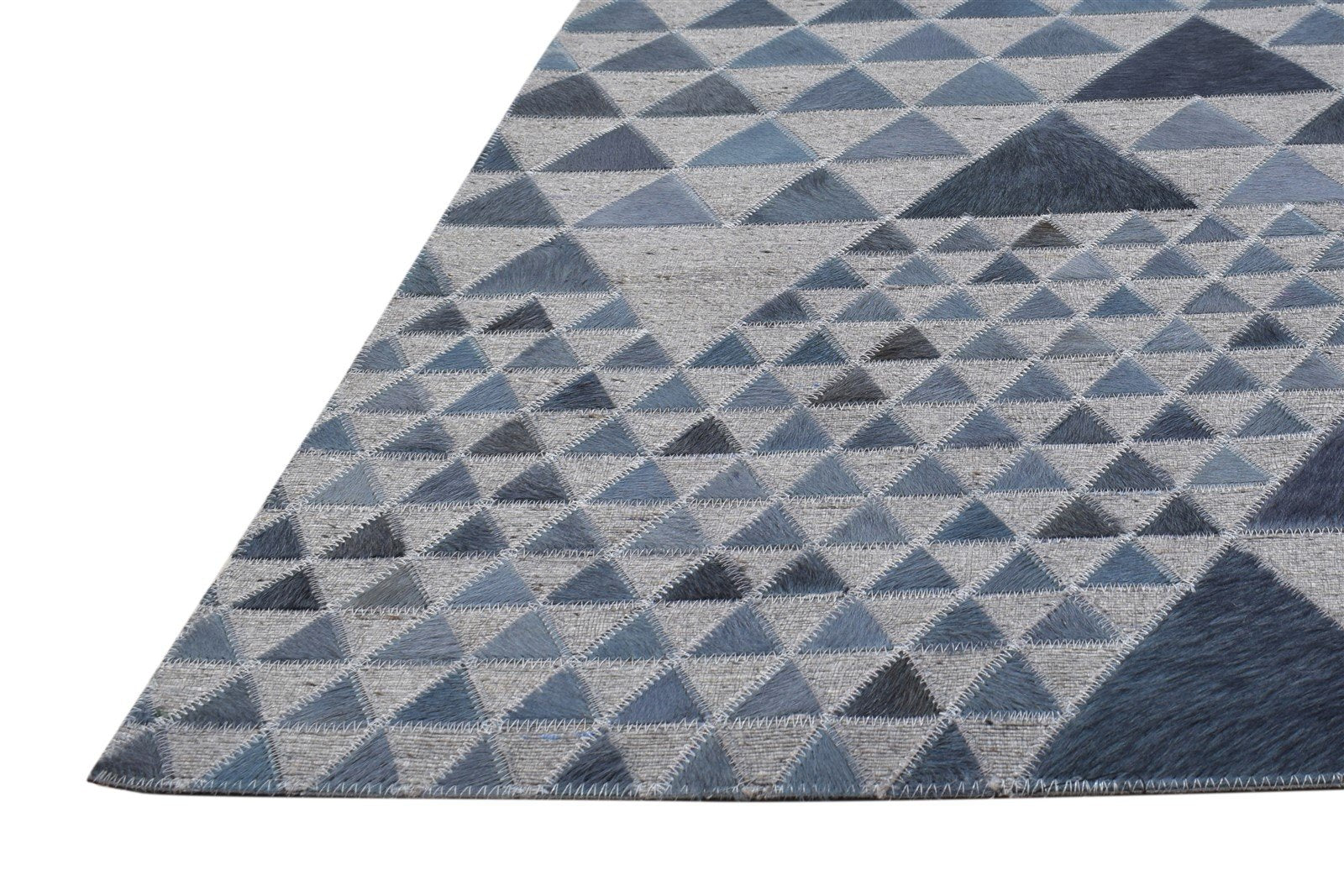 Leather / Cotton Blue Rug 3X9 Modern Hand Woven Scandinavian Triangles Room Size 