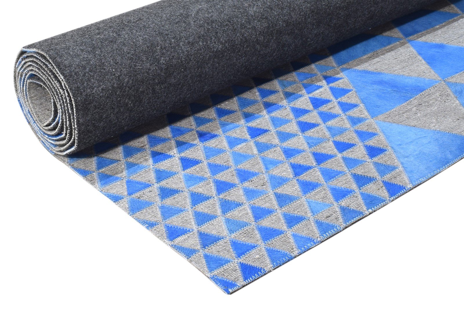 Leather / Cotton Blue Rug 3X9 Modern Hand Woven Scandinavian Triangles Room Size 