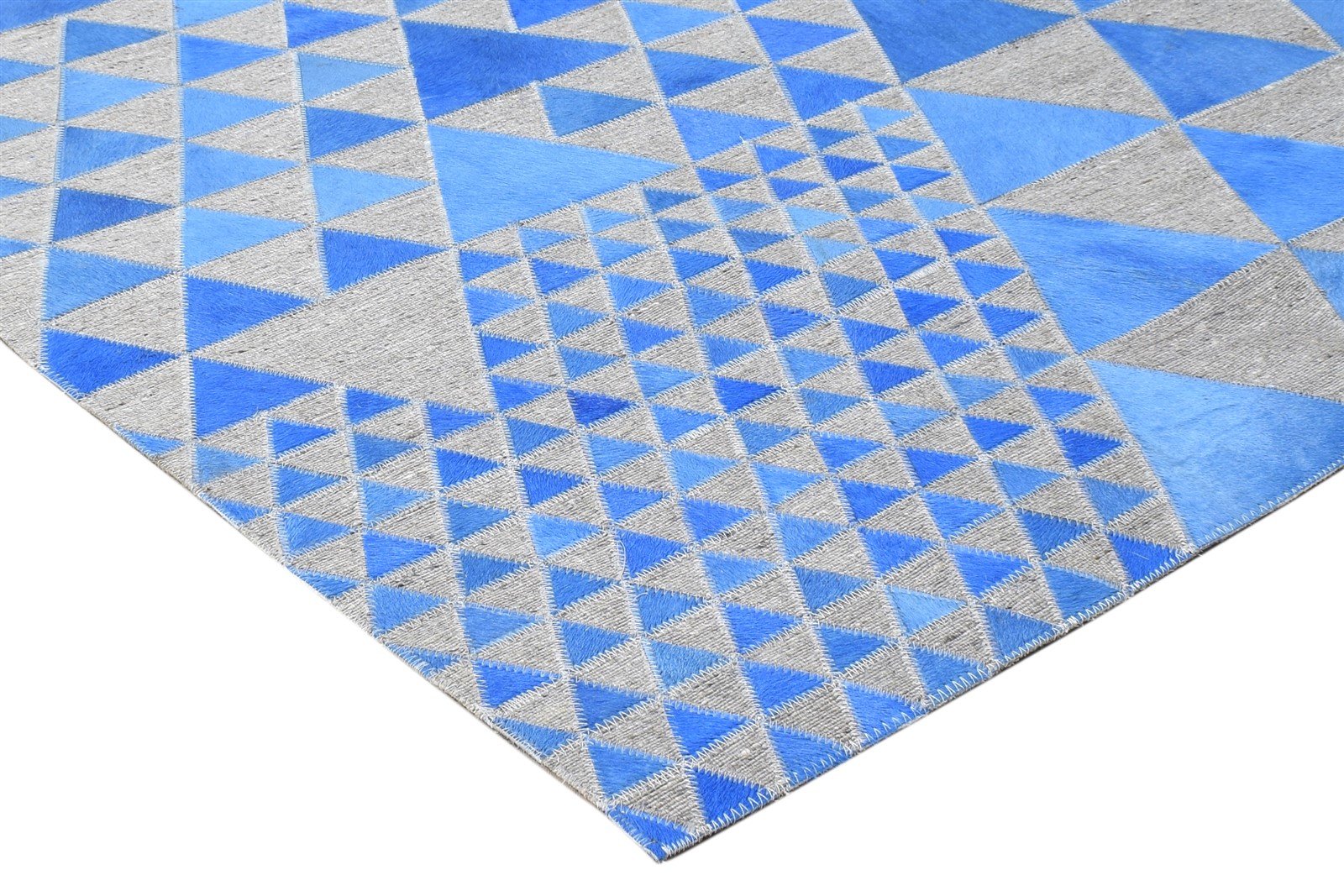 Leather / Cotton Blue Rug 3X9 Modern Hand Woven Scandinavian Triangles Room Size 