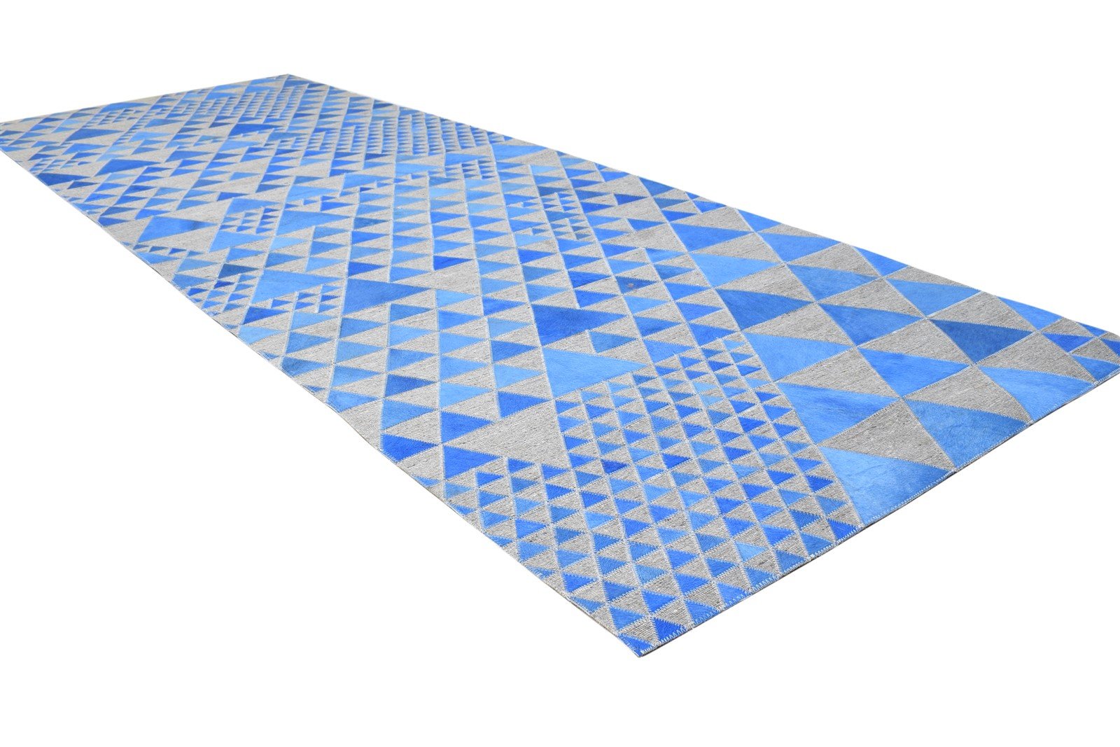 Leather / Cotton Blue Rug 3X9 Modern Hand Woven Scandinavian Triangles Room Size 