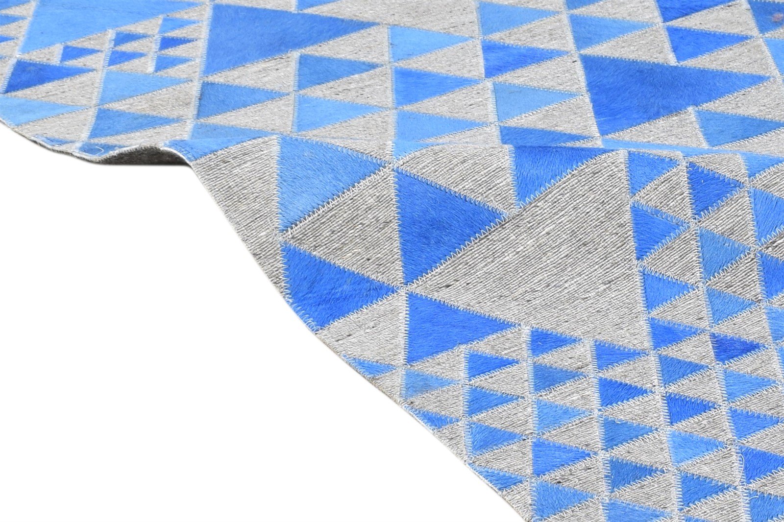 Leather / Cotton Blue Rug 3X9 Modern Hand Woven Scandinavian Triangles Room Size 