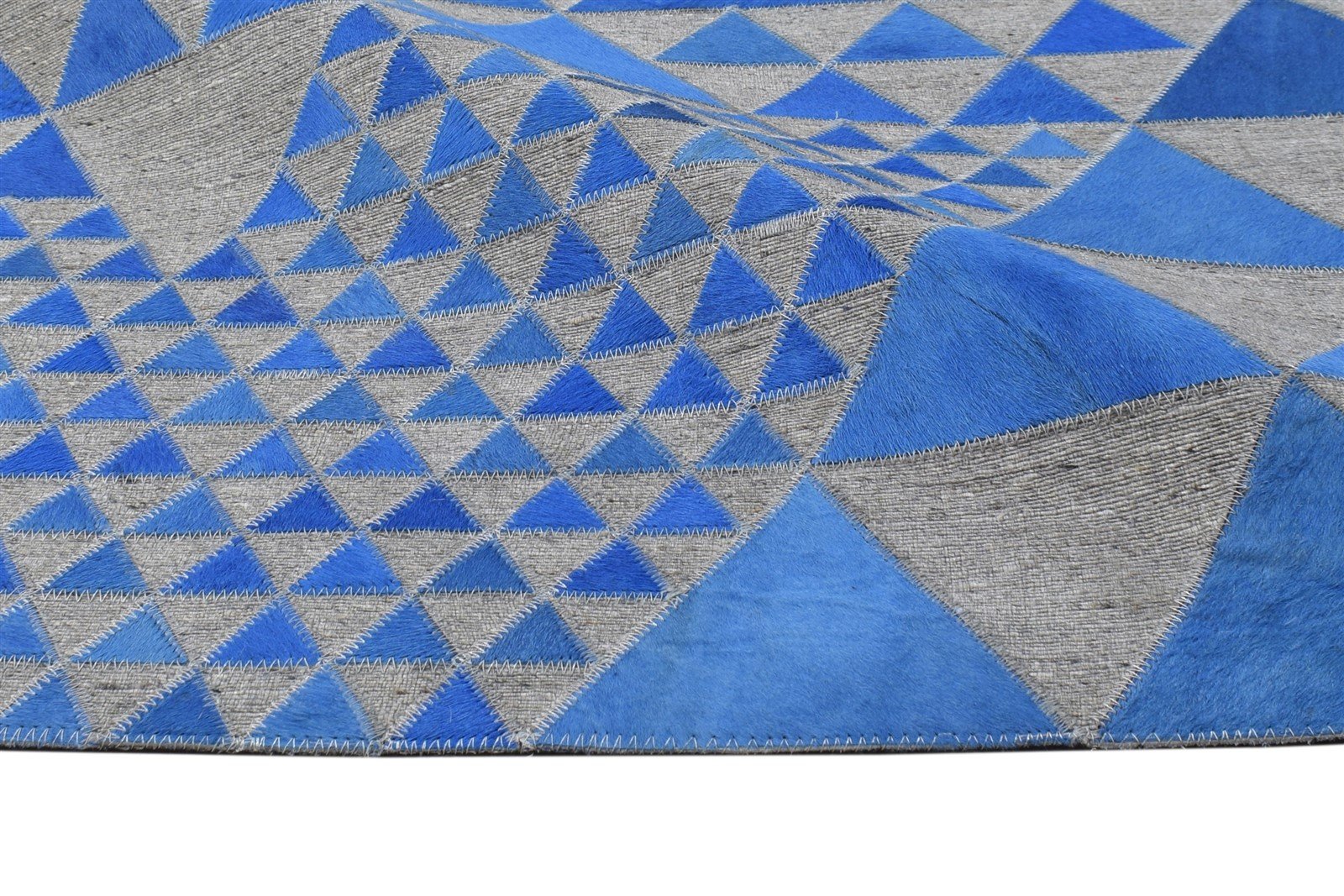 Leather / Cotton Blue Rug 3X9 Modern Hand Woven Scandinavian Triangles Room Size 