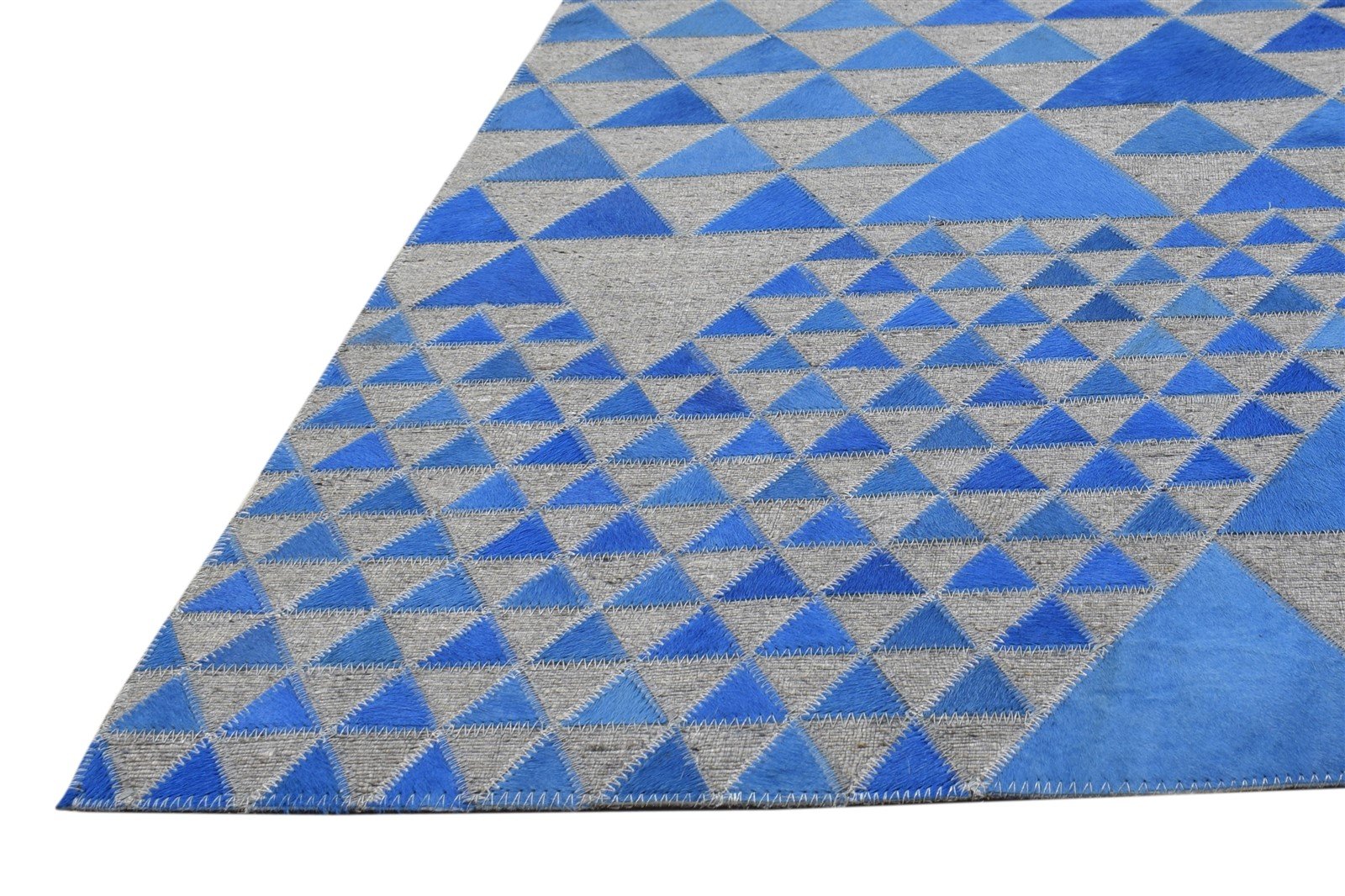 Leather / Cotton Blue Rug 3X9 Modern Hand Woven Scandinavian Triangles Room Size 