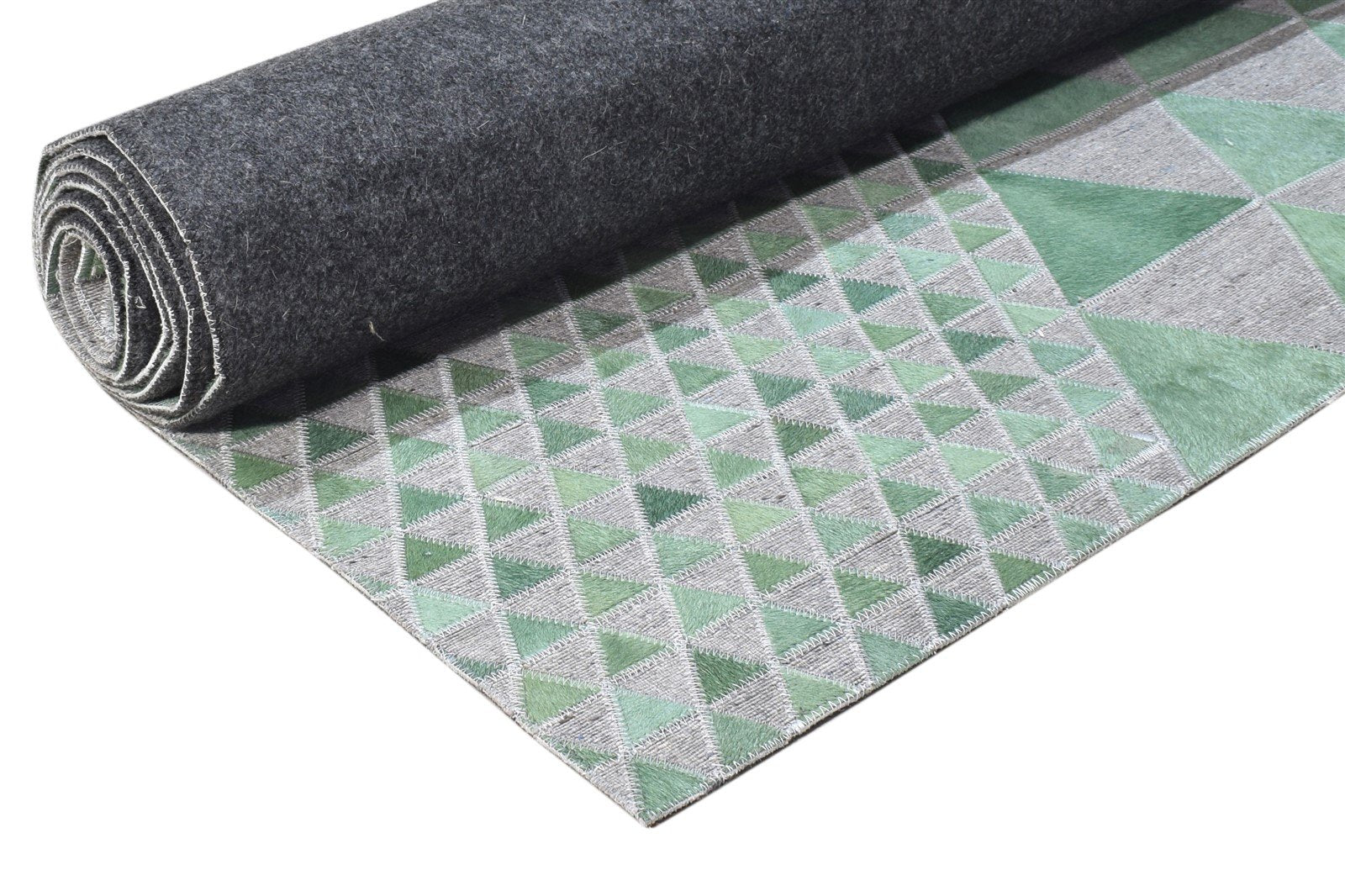 Leather / Cotton Green Rug 3X9 Modern Hand Woven Scandinavian Triangles Room Size 