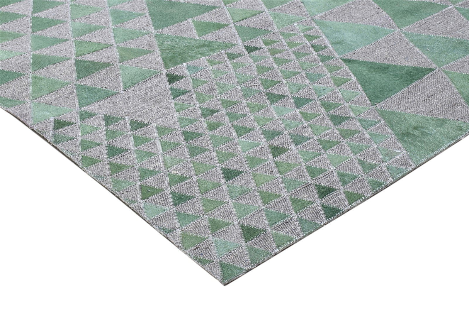 Leather / Cotton Green Rug 3X9 Modern Hand Woven Scandinavian Triangles Room Size 