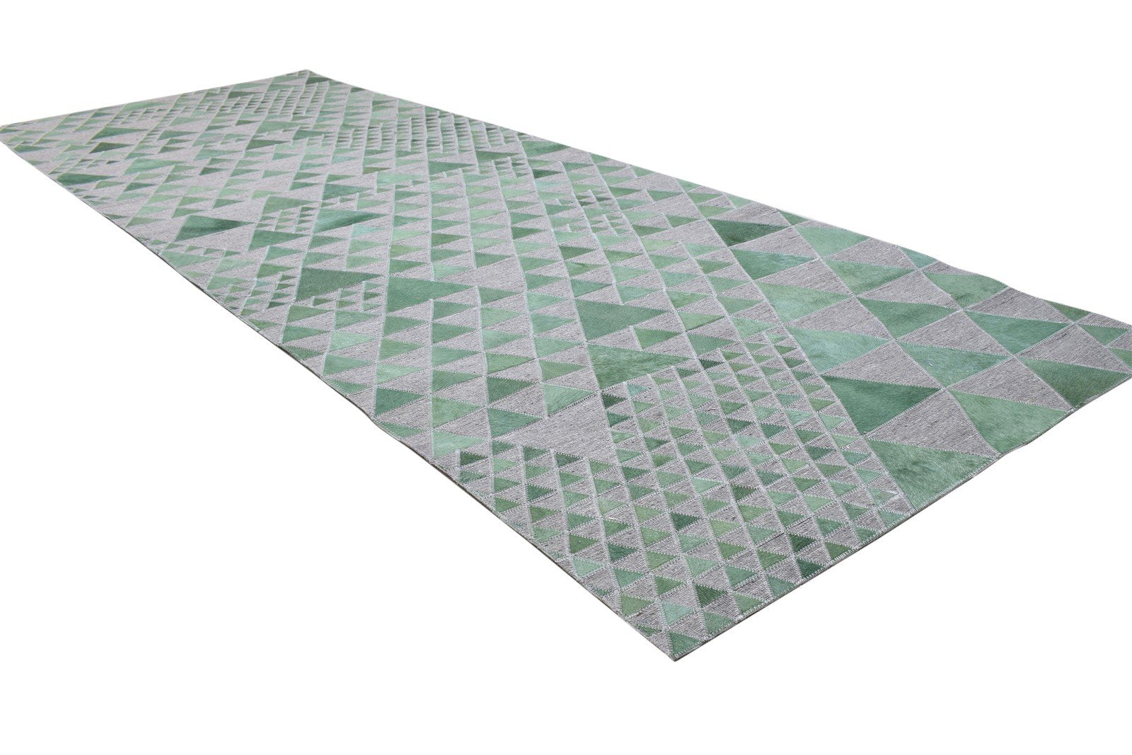 Leather / Cotton Green Rug 3X9 Modern Hand Woven Scandinavian Triangles Room Size 