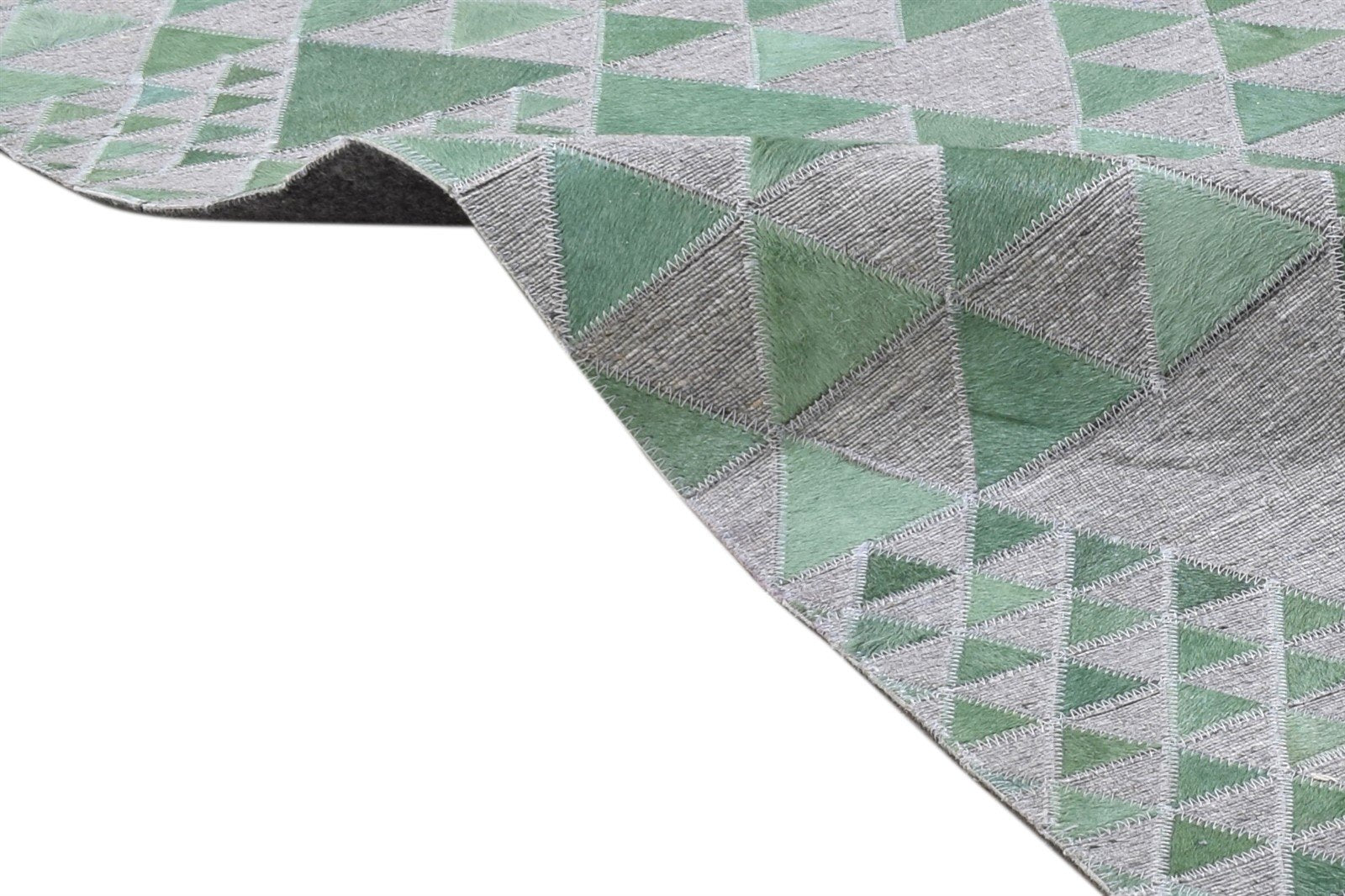 Leather / Cotton Green Rug 3X9 Modern Hand Woven Scandinavian Triangles Room Size 