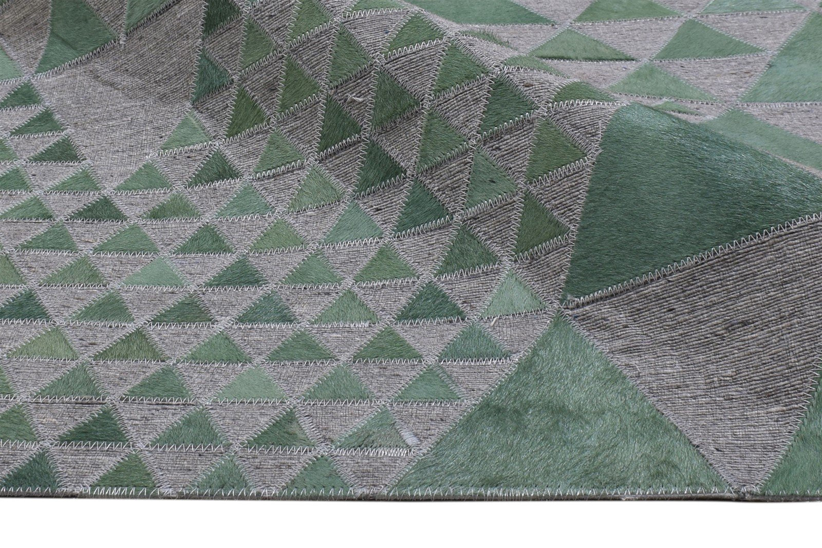 Leather / Cotton Green Rug 3X9 Modern Hand Woven Scandinavian Triangles Room Size 