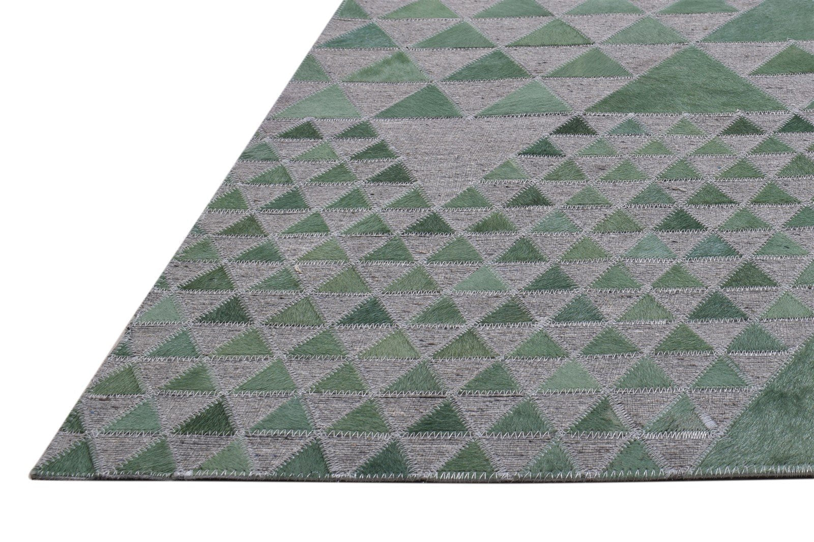 Leather / Cotton Green Rug 3X9 Modern Hand Woven Scandinavian Triangles Room Size 