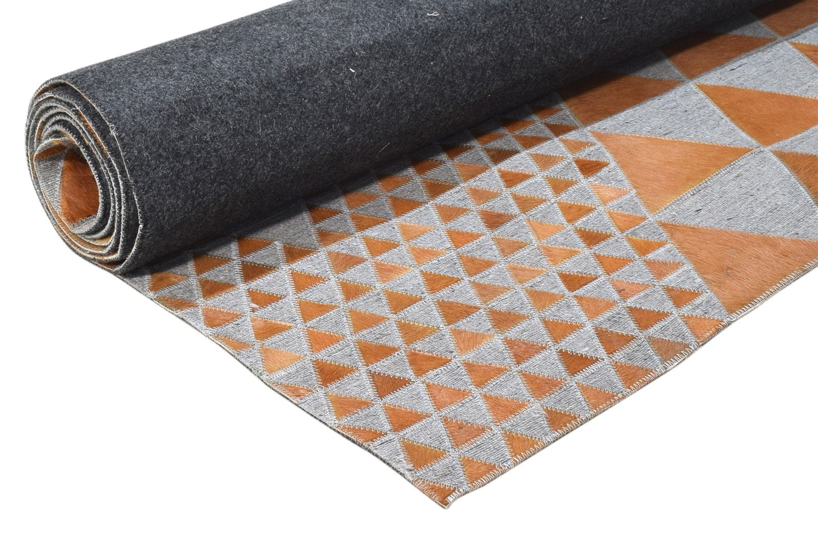 Leather / Cotton Brown Rug 3X9 Modern Hand Woven Scandinavian Triangles Room Size  Area Rug 