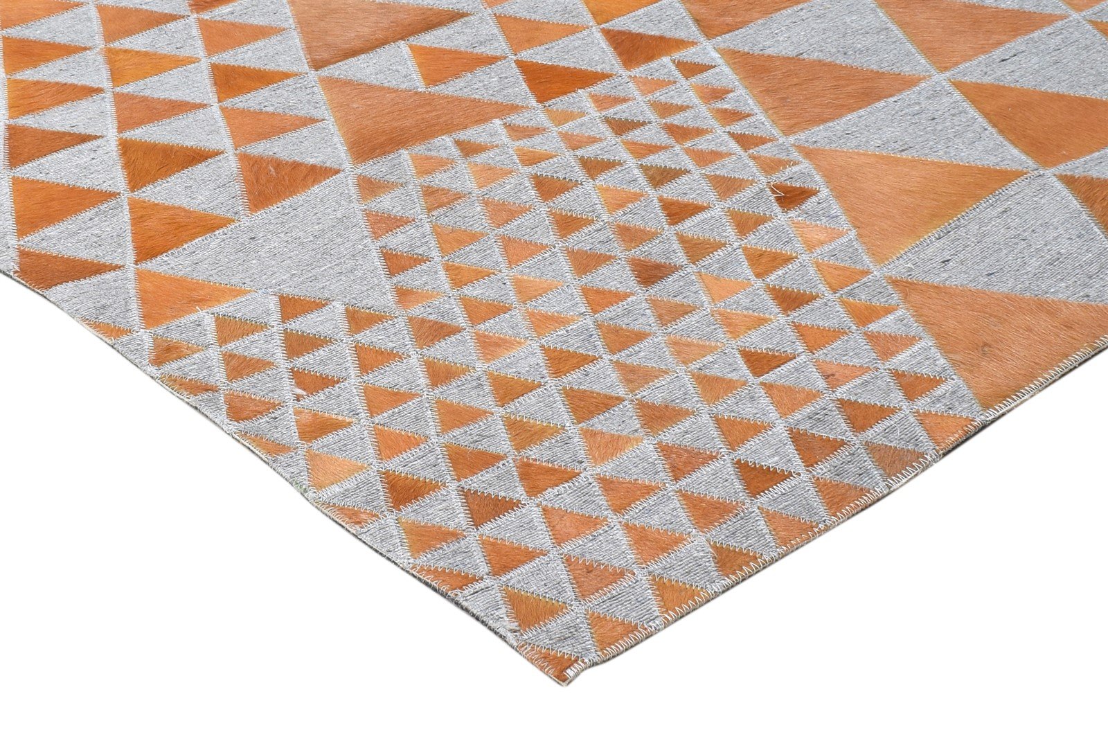 Leather / Cotton Brown Rug 3X9 Modern Hand Woven Scandinavian Triangles Room Size  Area Rug 