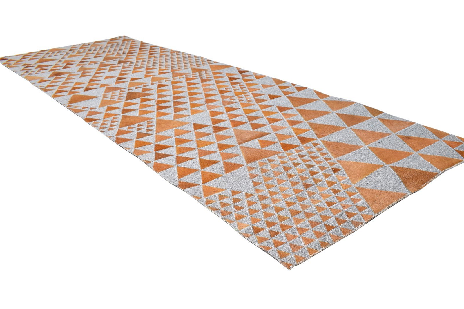 Leather / Cotton Brown Rug 3X9 Modern Hand Woven Scandinavian Triangles Room Size  Area Rug 