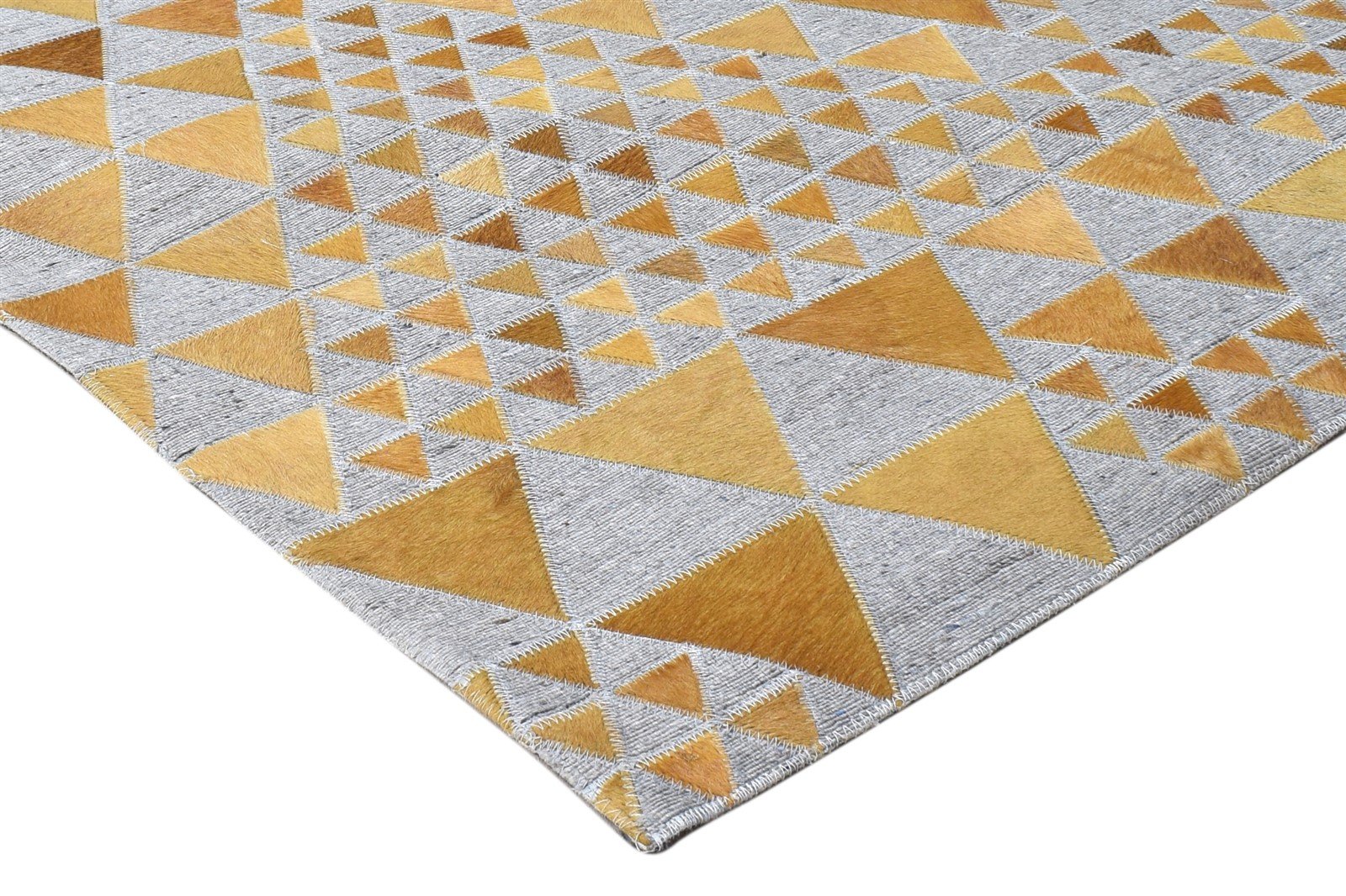 Gold Leather / Cotton Rug 3X9 Modern Hand Woven Scandinavian Triangles Small 