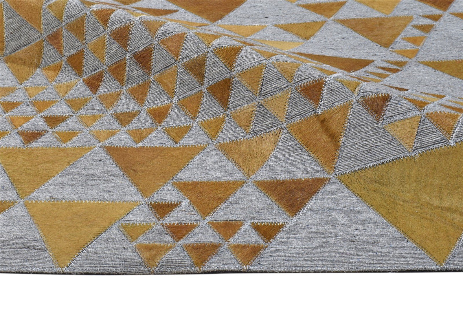 Gold Leather / Cotton Rug 3X9 Modern Hand Woven Scandinavian Triangles Small 