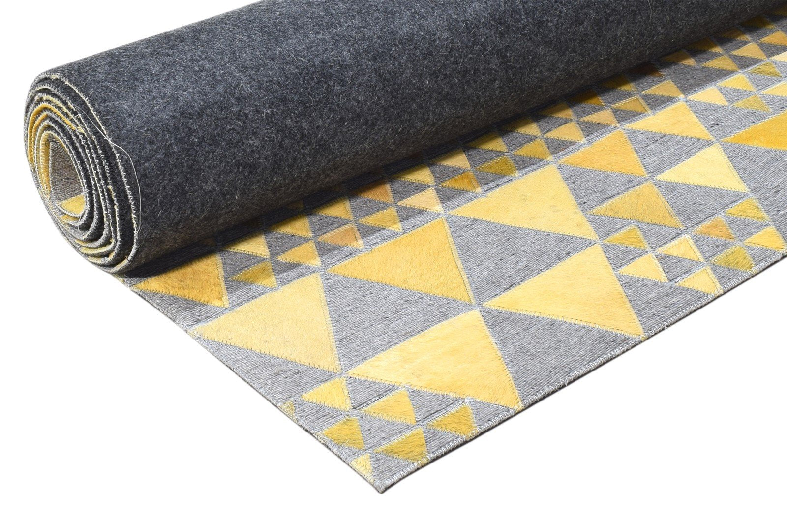 Leather / Cotton Yellow Rug 3X9 Modern Hand Woven Scandinavian Triangles Room Size 