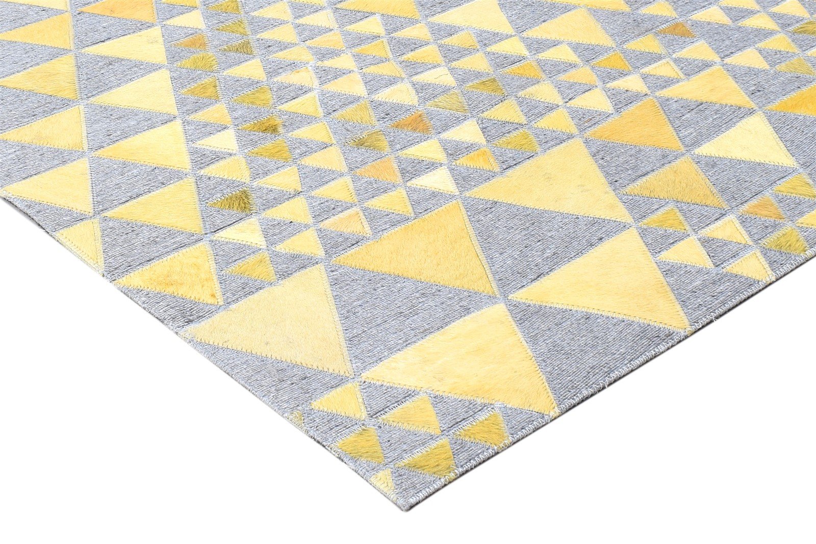 Leather / Cotton Yellow Rug 3X9 Modern Hand Woven Scandinavian Triangles Room Size 