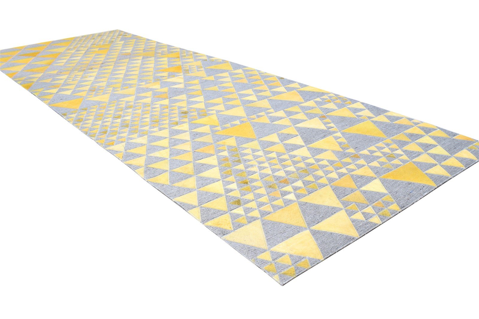 Leather / Cotton Yellow Rug 3X9 Modern Hand Woven Scandinavian Triangles Room Size 