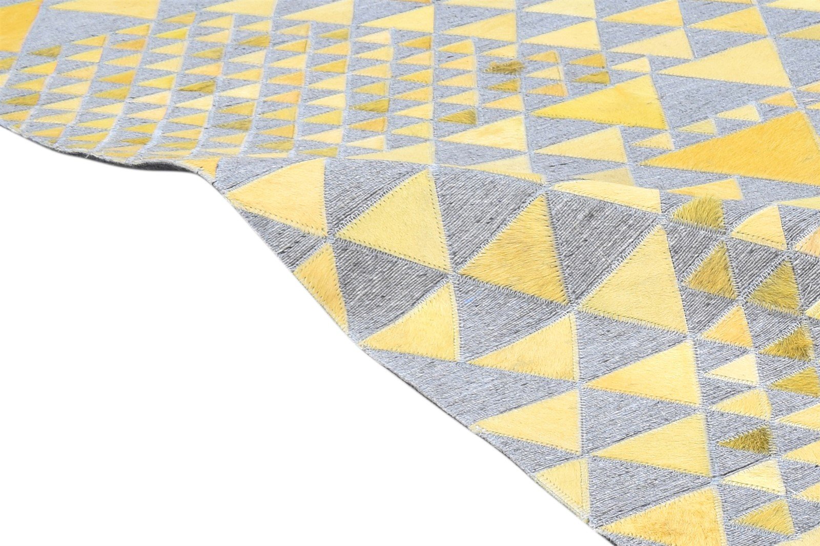 Leather / Cotton Yellow Rug 3X9 Modern Hand Woven Scandinavian Triangles Room Size 