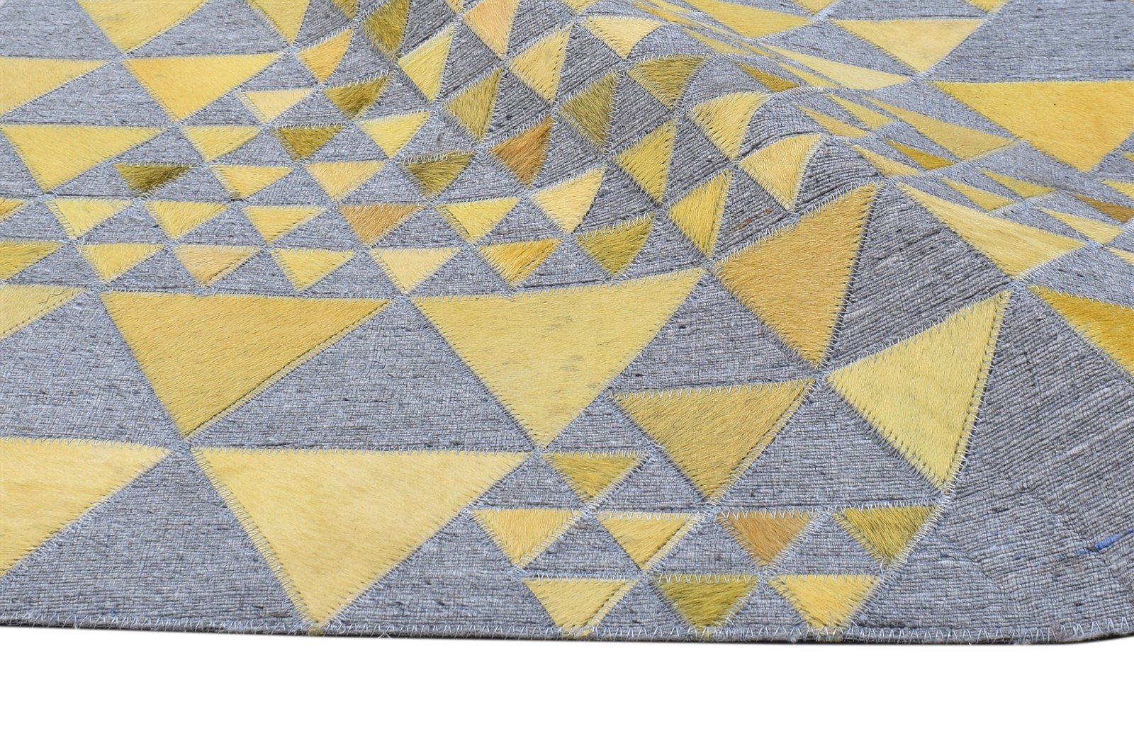 Leather / Cotton Yellow Rug 3X9 Modern Hand Woven Scandinavian Triangles Room Size 