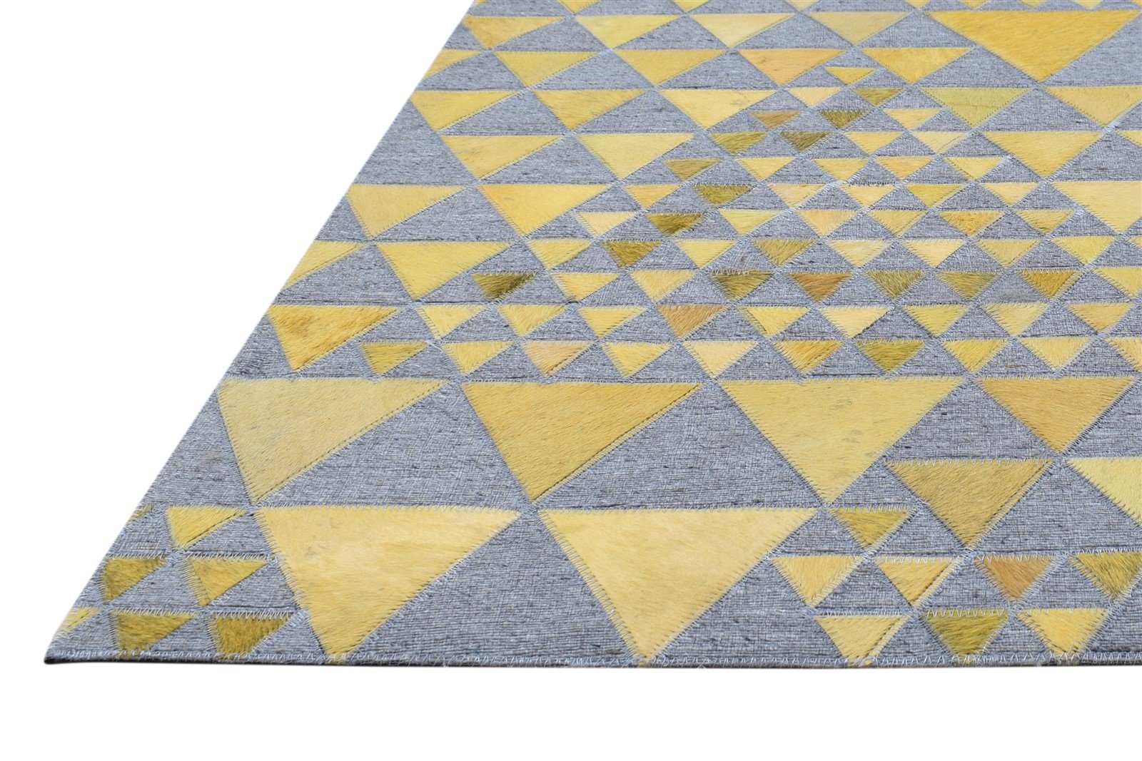 Leather / Cotton Yellow Rug 3X9 Modern Hand Woven Scandinavian Triangles Room Size 