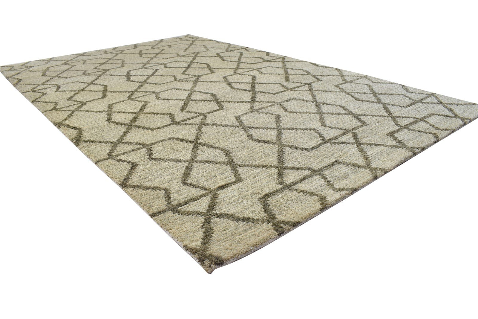 Beige Wool Rug 5' X 8' Modern Hand Knotted Moroccan Geometric Room Size Carpet 