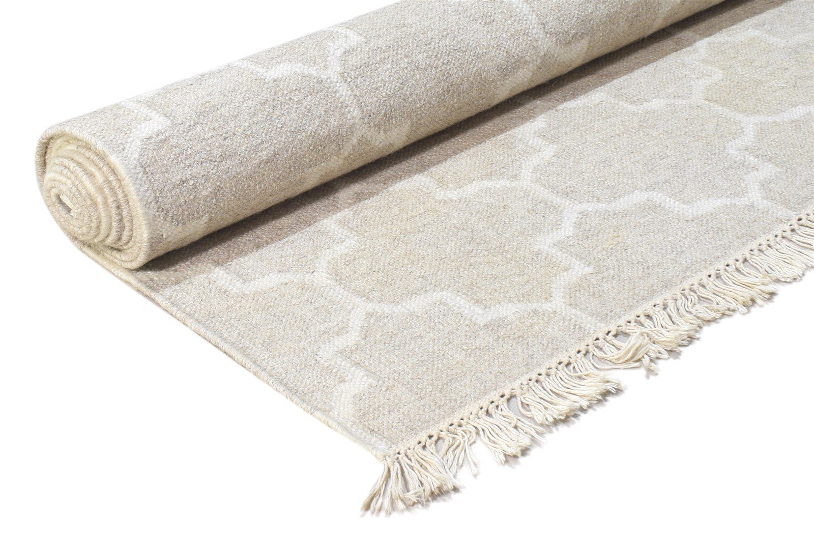 Beige Wool Rug 8' X 10' Modern Dhurrie Moroccan Trellis Large Carpet 