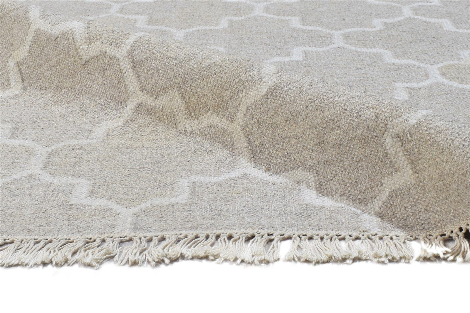 Beige Wool Rug 8' X 10' Modern Dhurrie Moroccan Trellis Large Carpet 