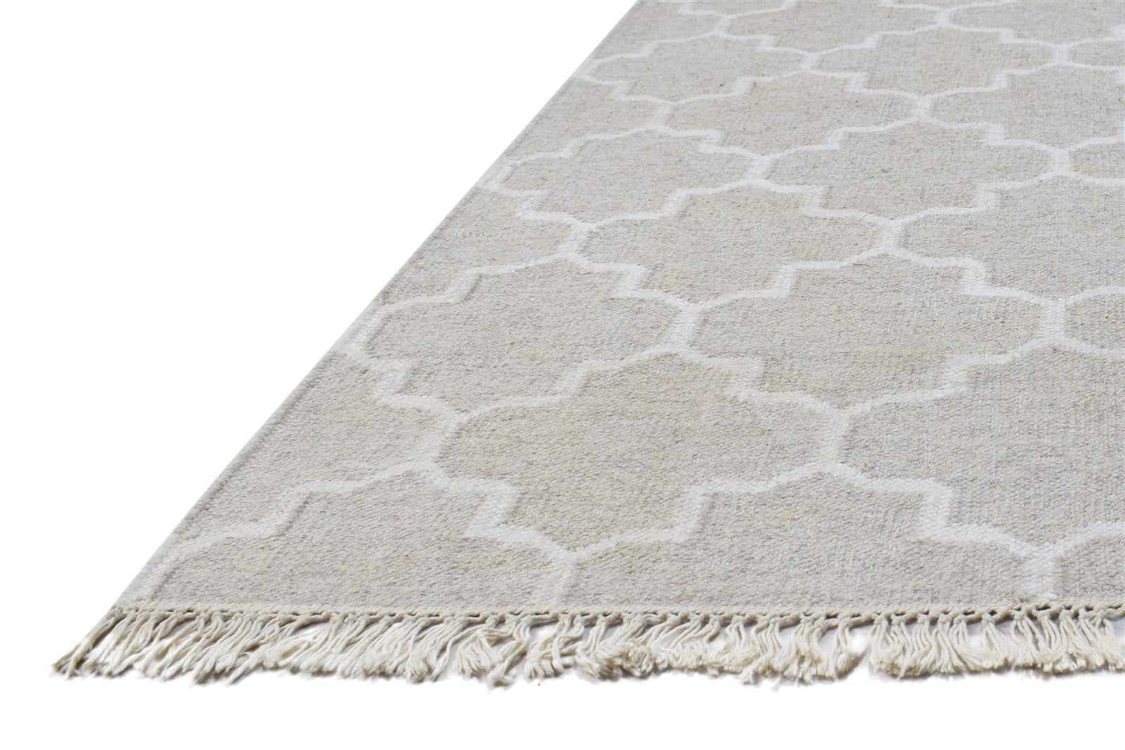 Beige Wool Rug 8' X 10' Modern Dhurrie Moroccan Trellis Large Carpet 