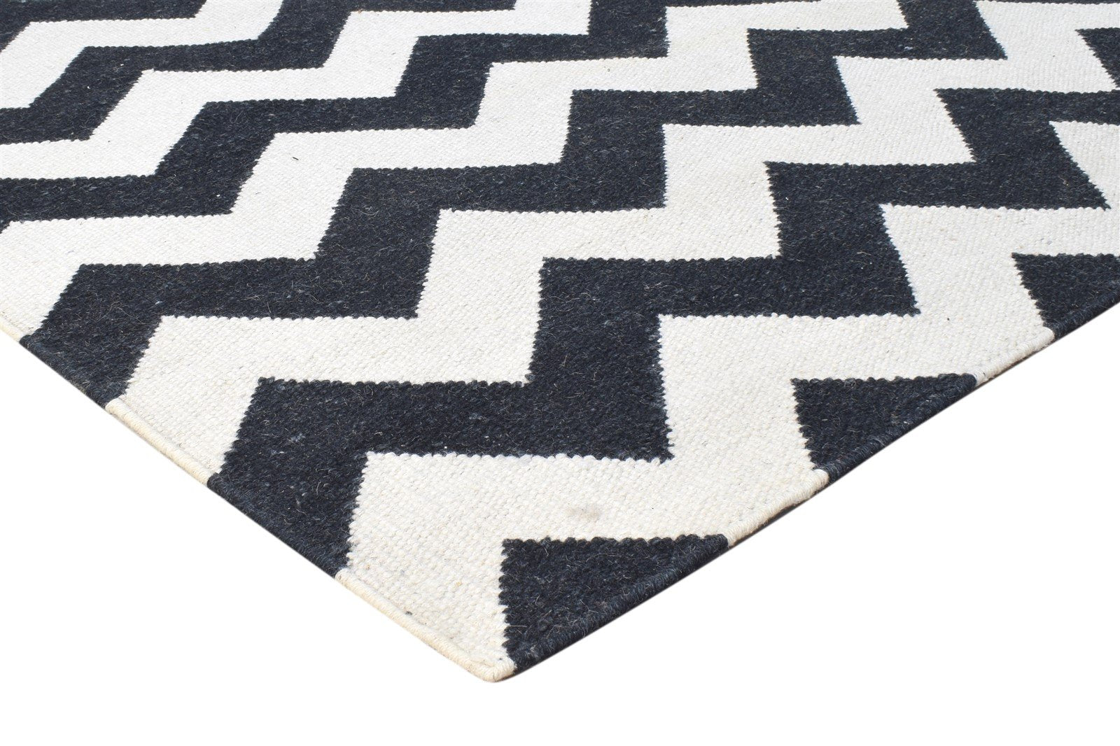 9' X 11' Rug Wool Black Modern Dhurrie Scandinavian Chevron Extra Large Carpet 