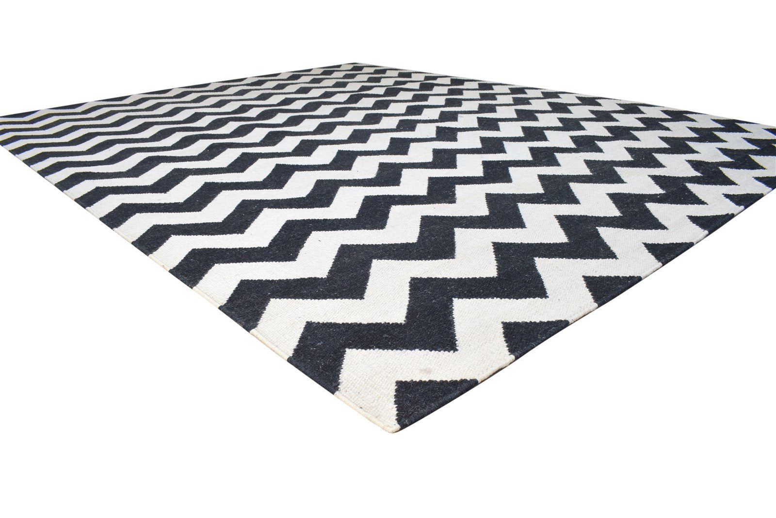 9' X 11' Rug Wool Black Modern Dhurrie Scandinavian Chevron Extra Large Carpet 