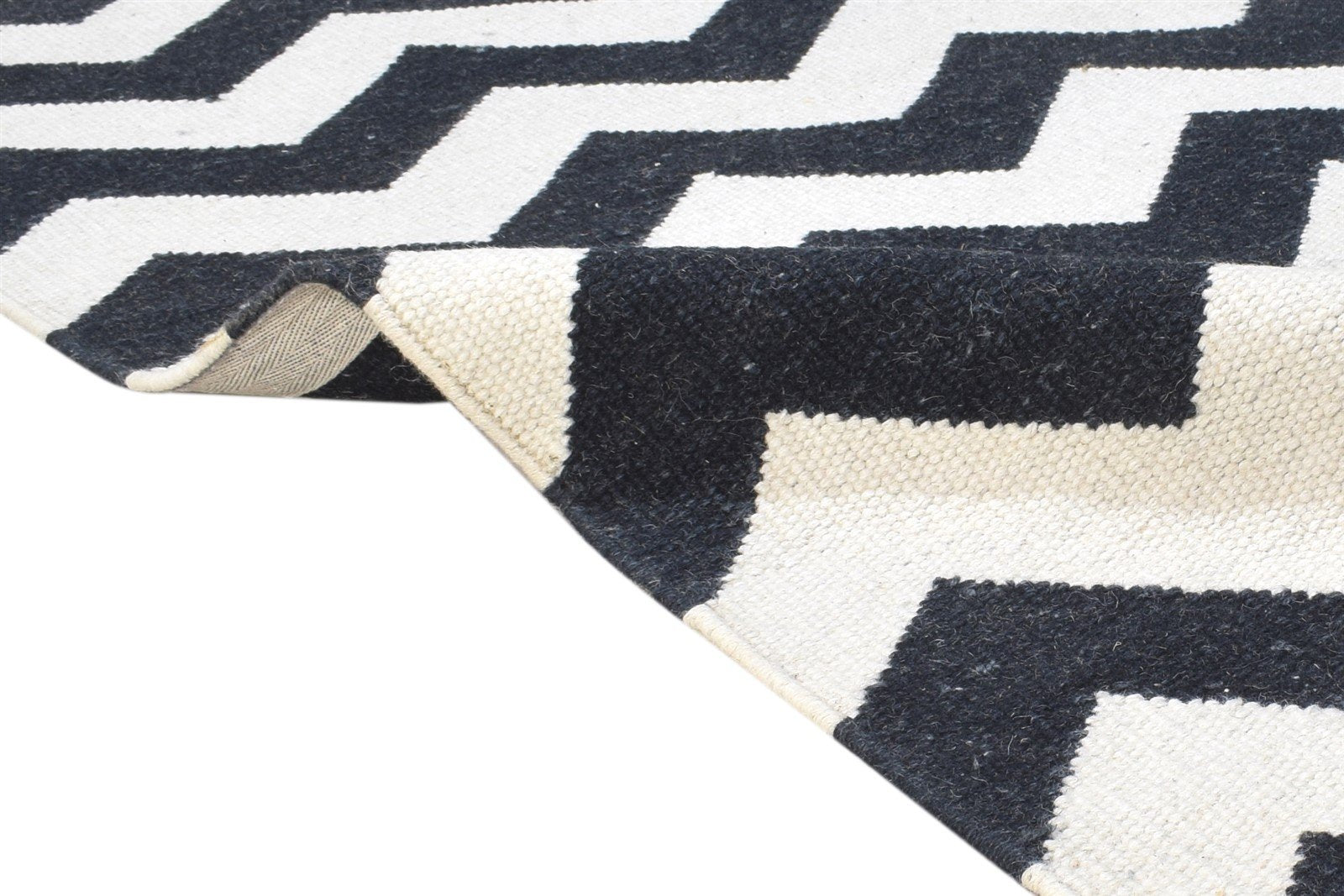 9' X 11' Rug Wool Black Modern Dhurrie Scandinavian Chevron Extra Large Carpet 