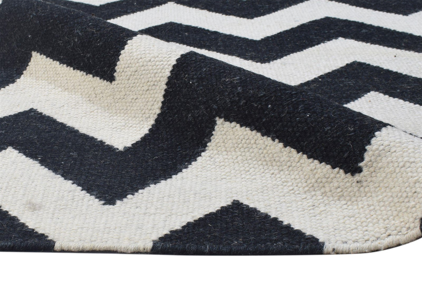 9' X 11' Rug Wool Black Modern Dhurrie Scandinavian Chevron Extra Large Carpet 