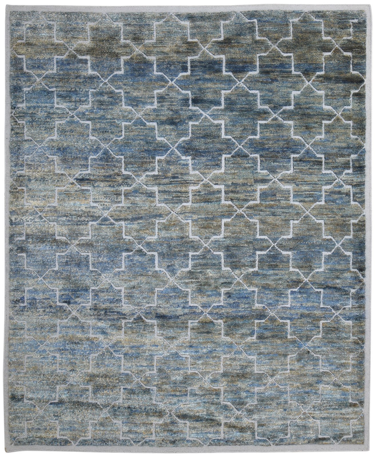 Blue Wool / Jute Rug 8' X 10' Modern Hand Knotted Moroccan Trellis Large Carpet 