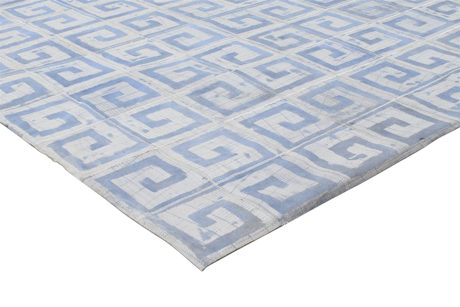 Blue Leather / Cotton Rug 8X10 Modern Hand Woven Moroccan Geometric Large Carpet 